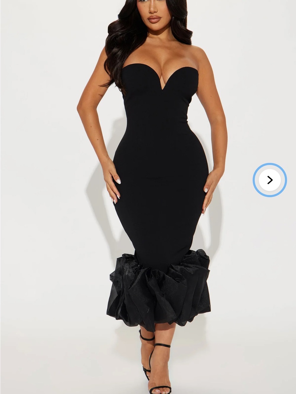 Fashion Nova Black Strapless Sweetheart Mermaid Midi Dress with Ruffle Hem